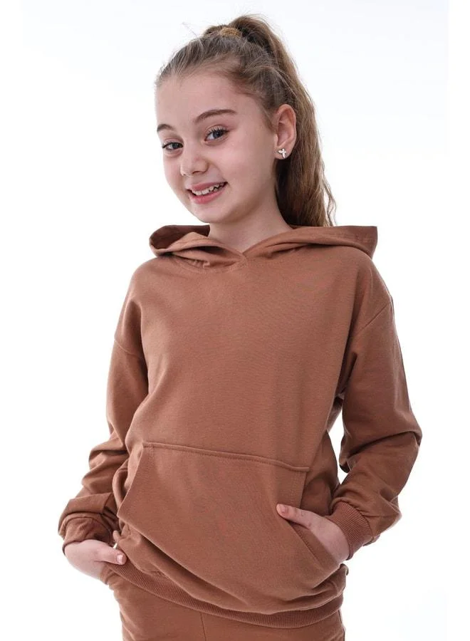Zuzunga Basic Hooded Ribbed Kangaroo Pocket Detailed Kids Sweatshirt 3-10 Years Brown.