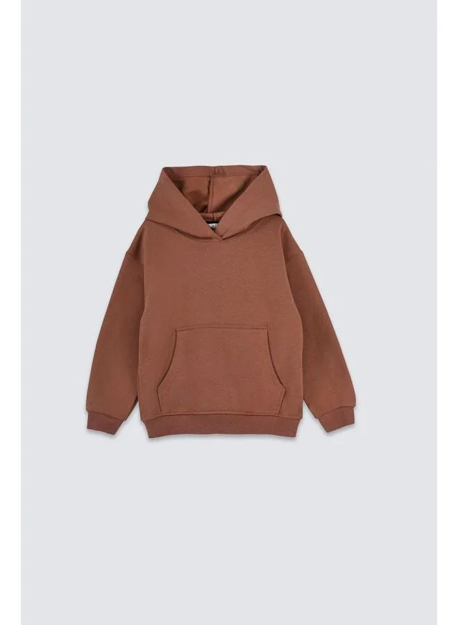 Zuzunga Basic Hooded Ribbed Kangaroo Pocket Detailed Kids Sweatshirt 3-10 Years Brown.