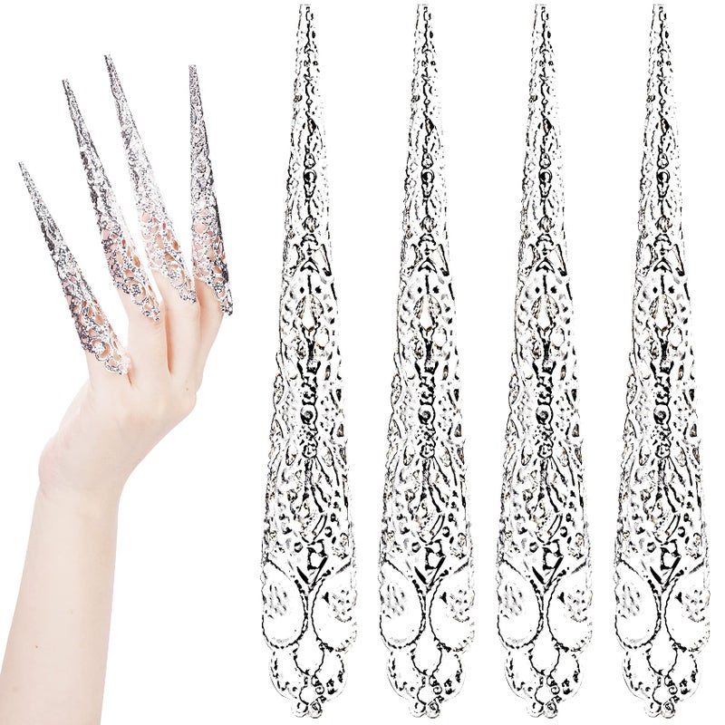 ANCIRS 10 Pack Finger Nail Tip Claw Rings, Ancient Queen Costume Fingertip Claw Nail Rings Decoration Accessory, Finger Knuckle Protectors for Halloween Cosplay Drama Dance Show- Silver Color - Image 1