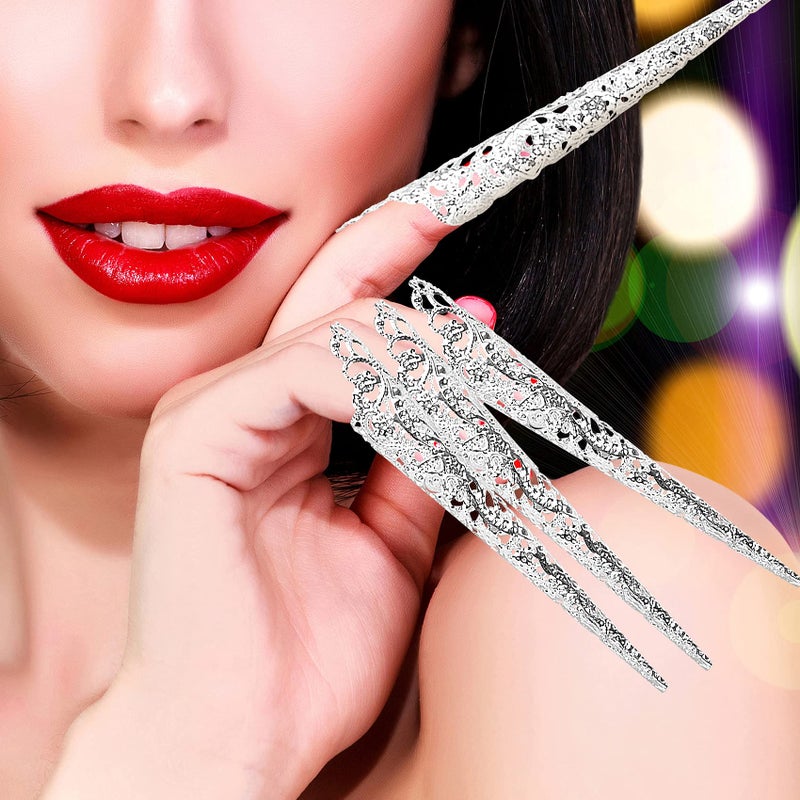 ANCIRS 10 Pack Finger Nail Tip Claw Rings, Ancient Queen Costume Fingertip Claw Nail Rings Decoration Accessory, Finger Knuckle Protectors for Halloween Cosplay Drama Dance Show- Silver Color - Image 3