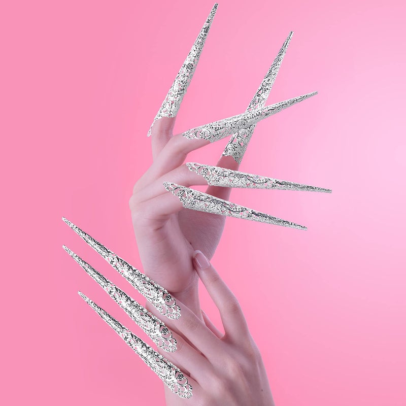 ANCIRS 10 Pack Finger Nail Tip Claw Rings, Ancient Queen Costume Fingertip Claw Nail Rings Decoration Accessory, Finger Knuckle Protectors for Halloween Cosplay Drama Dance Show- Silver Color - Image 2