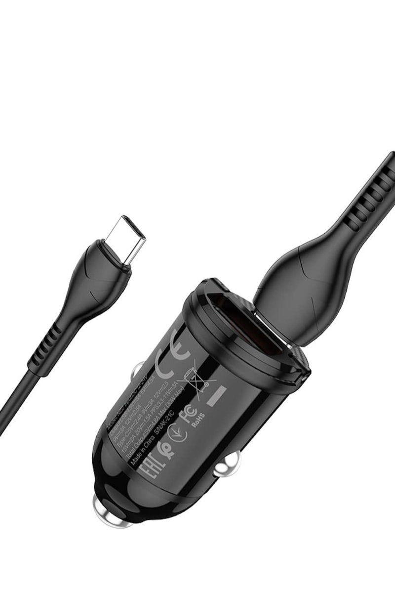 Hoco NZ2 - Link PD 30W USB-A & Type-C Ports Fast Car Charger Set With Type-C Cable (1m), Support QC3.0 AFC FCP SCP Fast Charing Protocols, Compatible With iPhone Samsung Xiaomi Oppo Huawei - Black - Image 2