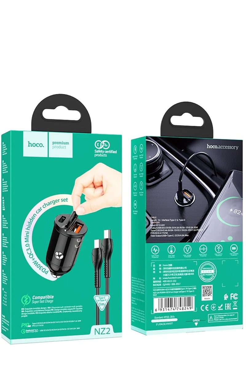 Hoco NZ2 - Link PD 30W USB-A & Type-C Ports Fast Car Charger Set With Type-C Cable (1m), Support QC3.0 AFC FCP SCP Fast Charing Protocols, Compatible With iPhone Samsung Xiaomi Oppo Huawei - Black - Image 5