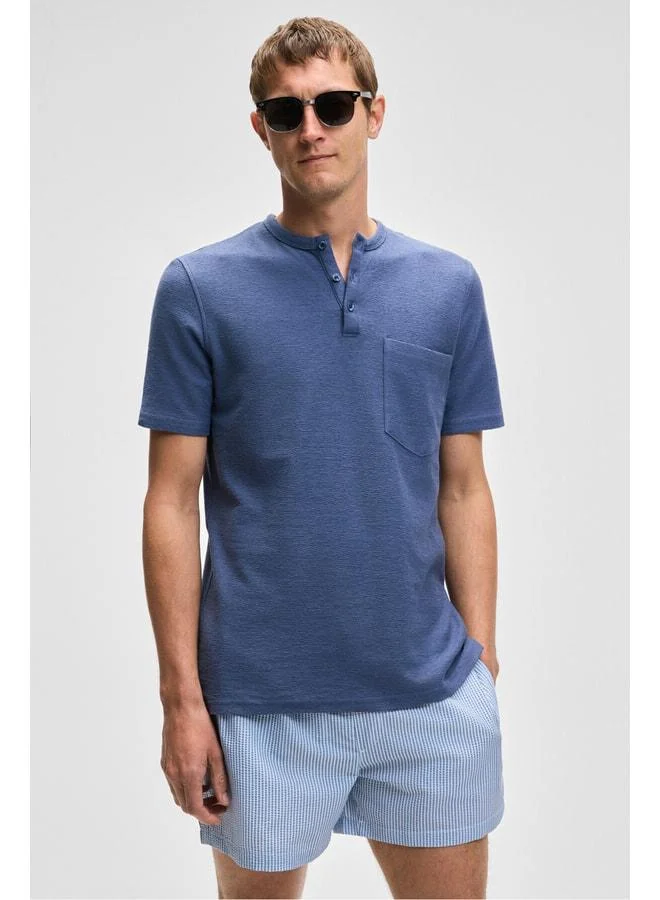 Grimelange ERMAC Men's Collar Button Short Sleeve Indigo T-Shirt.
