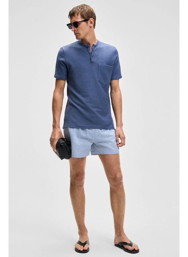 Grimelange ERMAC Men's Collar Button Short Sleeve Indigo T-Shirt.
