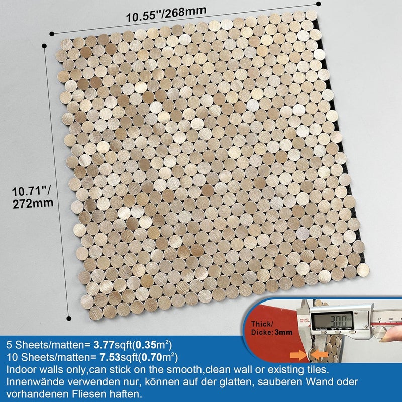 M MOFIT Small Penny Round Peel and Stick Backsplash Tile for Kitchen Wall,Metal Mosaic Tiles Stickers for Bathroom Behind Stove Fireplace (5sheets,Champagne Gold) - Image 5