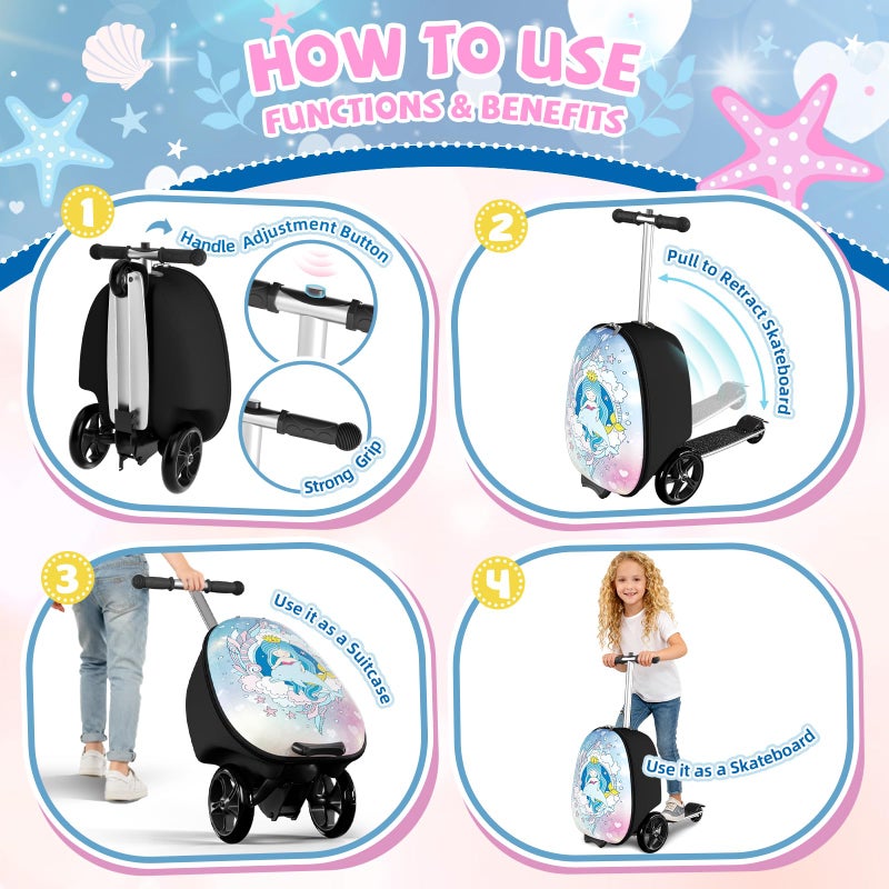 Baotree Scooter Suitcase for Kids, 2 in 1 Ride-on Luggage with Flash PU Wheels, Adjustable Handle & TPR Non-Slip Grip, Foldable & Lightweight, Ages 5-12 - Image 2