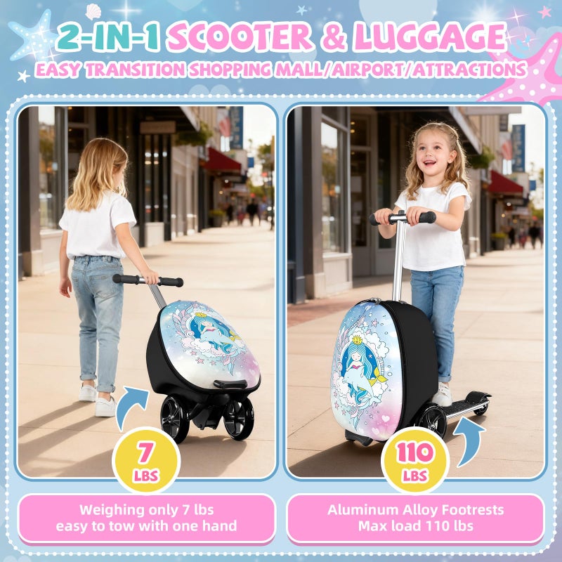 Baotree Scooter Suitcase for Kids, 2 in 1 Ride-on Luggage with Flash PU Wheels, Adjustable Handle & TPR Non-Slip Grip, Foldable & Lightweight, Ages 5-12 - Image 3