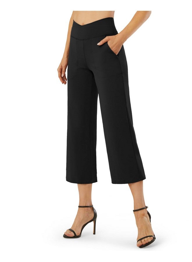 G4Free Capri Pants For Women Wide Leg Yoga Crop Pants With Pockets Cross Waist Stretch Dress Capris For Casual Workout(Black,Xl,23")  - Image 1