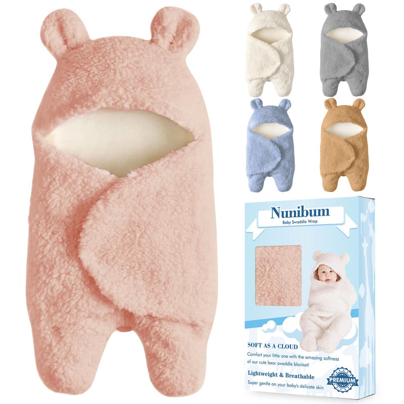 Nunibum Baby Swaddle Blanket Boys Girls Cute Bear Plush Essential Receiving Blanket Ultra-Soft Newborn Registry Sleeping Wraps for Infant 0-6 Months - Pink - Image 1