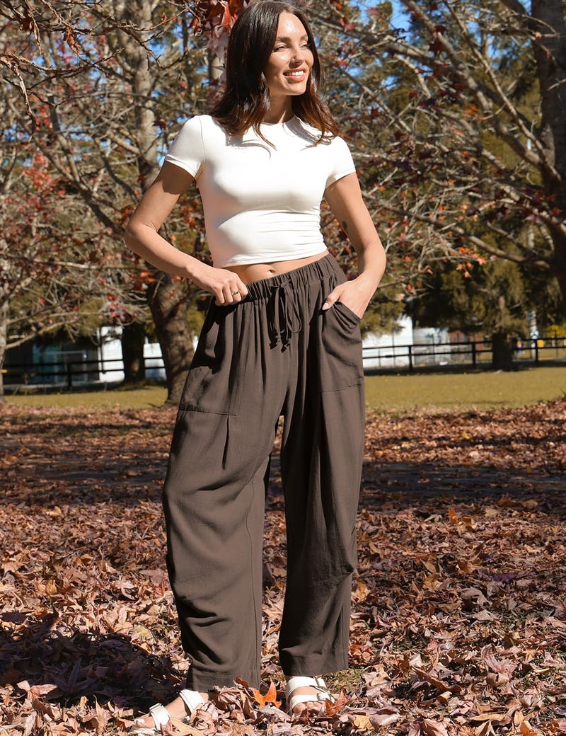 TARSE Women Linen Pants Summer Boho Wide Leg Drawstring with Pockets, DarkCoffee, L - Image 2