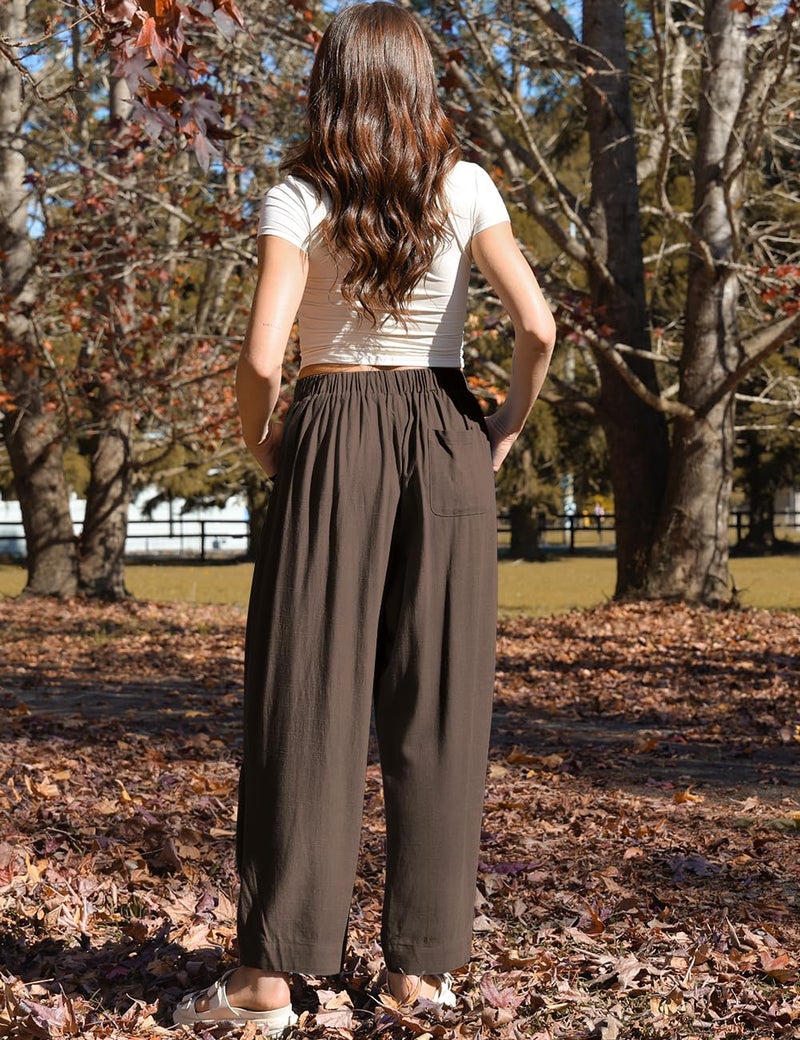 TARSE Women Linen Pants Summer Boho Wide Leg Drawstring with Pockets, DarkCoffee, L - Image 4
