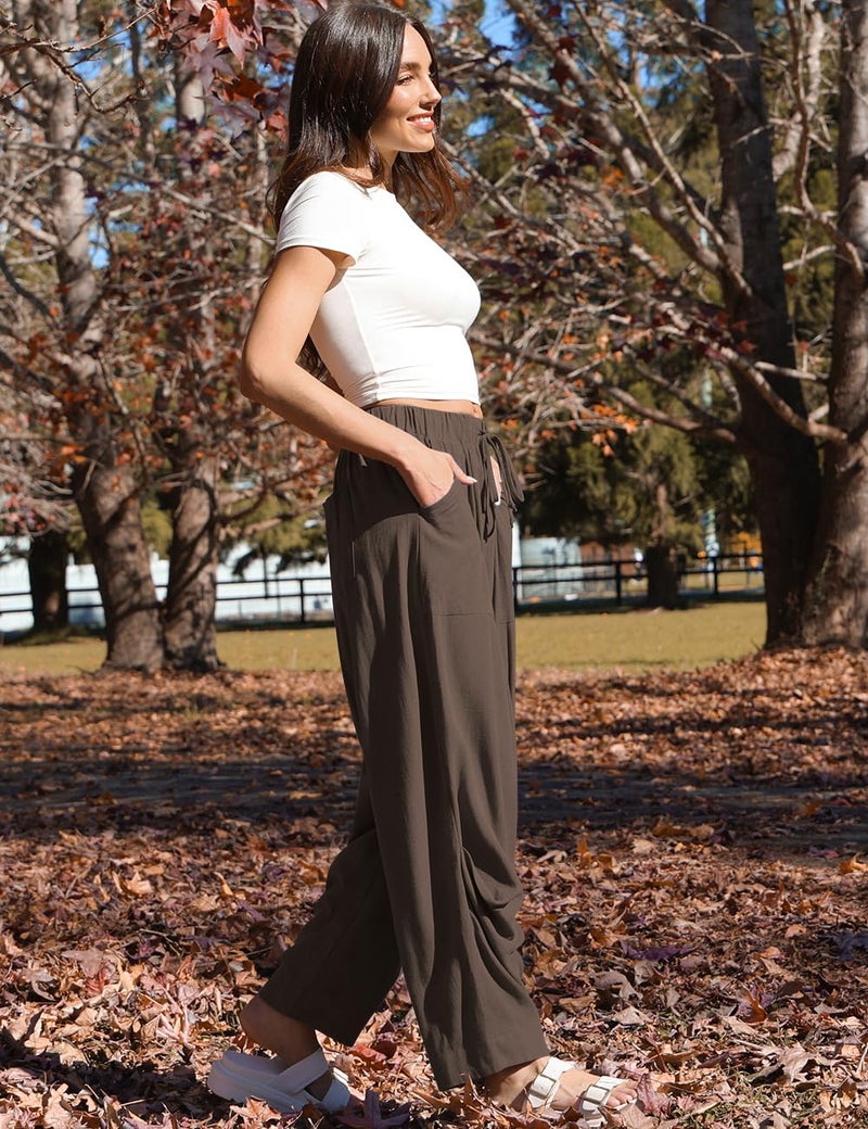 TARSE Women Linen Pants Summer Boho Wide Leg Drawstring with Pockets, DarkCoffee, L - Image 3