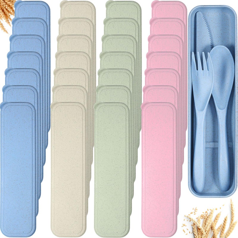Yahenda Yahenda 28 Sets Reusable Travel Utensils Set with Case Wheat Straw Cutlery Portable Spoon Knife Fork Tableware Lunch Box Accessories Bulk for Adults Travel Picnic Camping Utensils GiftsPastel Color