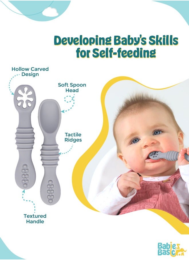 Babies Basic Soft Tip Bpa Free Silicone First Stage Training Spoon With Masher- Grey  - Image 2