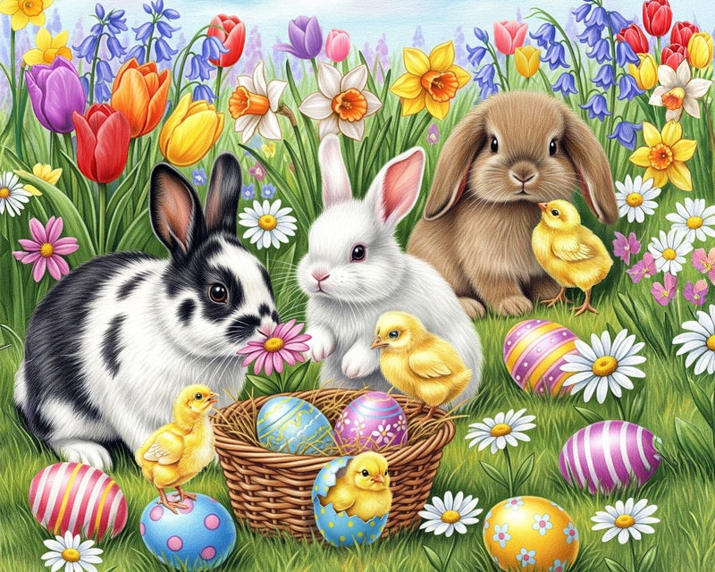 Springbok Three Easter Bunnies 500 Piece Jigsaw Puzzle for Adults â€“ Poster Now Included - Spring and Floral â€“ Unique Cut Pieces â€“ Made in USA - Image 1