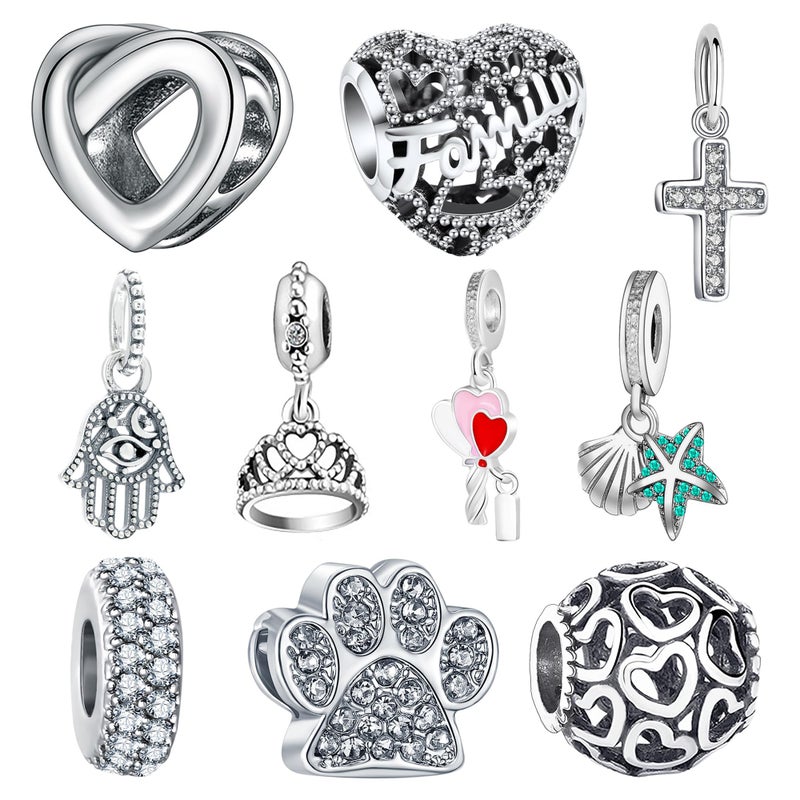 HCMY 10 Pack Silver Bead Charms for Bracelets and Necklaces Charm for Woman Cubic Zirconias Dangle Pendant Jewelry Beads Set Family Lover Heart - Image 1