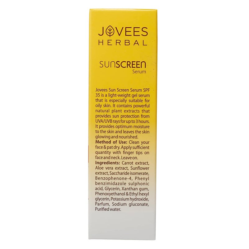 Jovees Herbal Sunscreen Face Serum SPF 35 with Aloe Vera Carrot and Sunflower Extract Advanced Light Weight Gel Based Formula For Sun Protection 30ml For Oily Acne Prone Skin - Image 3