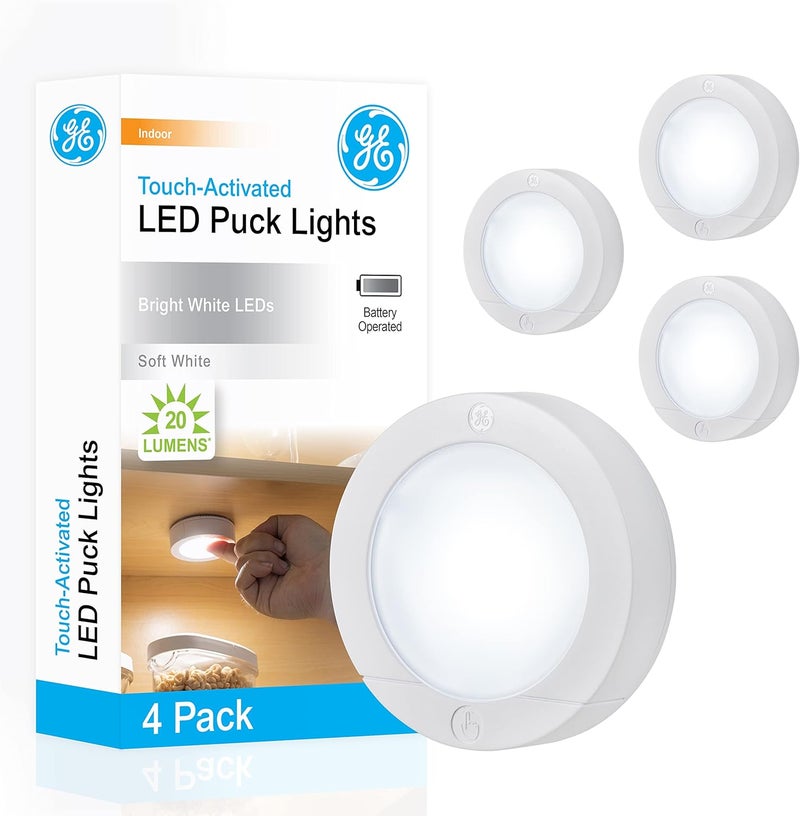 GE Wireless LED Puck Lights, Battery Operated, 20 Lumens, Touch Light, Tap Light, Stick On Lights, Under Cabinet Lighting, Ideal for Kitchen Cabinets, Closets, Garage and More, 4 Pack, 45997 - Image 1