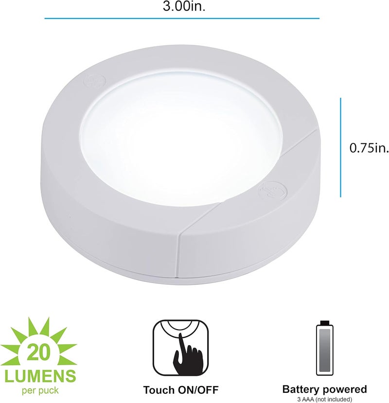 GE Wireless LED Puck Lights, Battery Operated, 20 Lumens, Touch Light, Tap Light, Stick On Lights, Under Cabinet Lighting, Ideal for Kitchen Cabinets, Closets, Garage and More, 4 Pack, 45997 - Image 2