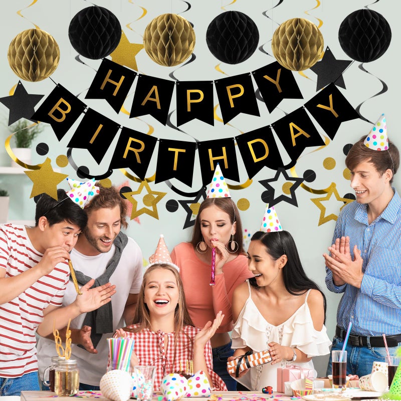 meowtastic Birthday Decorations, Happy Birthday Banner with Honeycomb Balls, Star Hanging Swirl Streamers, Circle Dot Garland, Happy Birthday Party Decorations for Women Men Boys Girls (Black & Gold) - Image 3