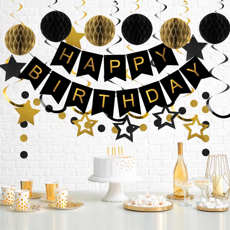 meowtastic Birthday Decorations, Happy Birthday Banner with Honeycomb Balls, Star Hanging Swirl Streamers, Circle Dot Garland, Happy Birthday Party Decorations for Women Men Boys Girls (Black & Gold) - Image 2