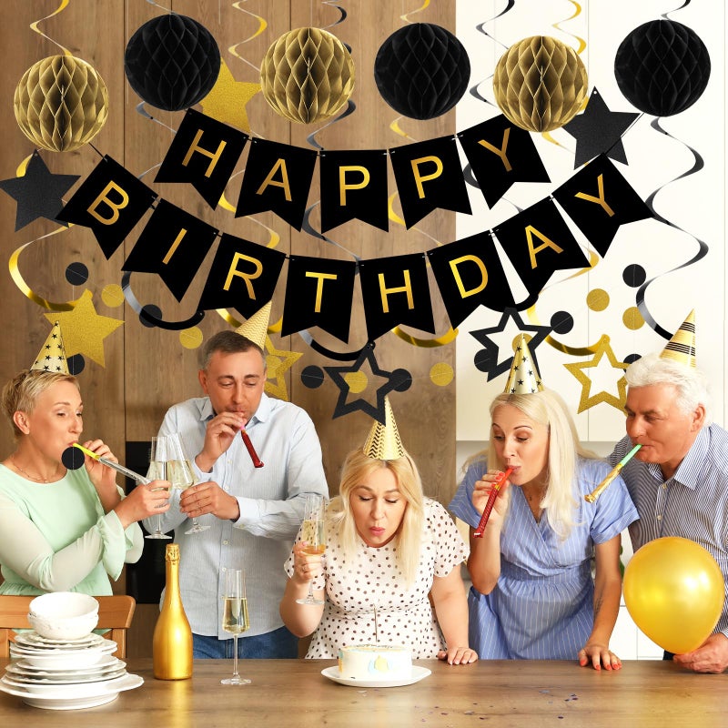 meowtastic Birthday Decorations, Happy Birthday Banner with Honeycomb Balls, Star Hanging Swirl Streamers, Circle Dot Garland, Happy Birthday Party Decorations for Women Men Boys Girls (Black & Gold) - Image 5
