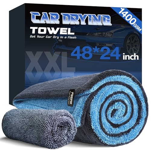 PUGPIU Microfiber Car Drying Towel Extra Large Super Absorbent 48"X24", 1400 GSM Flash Detail Car Wash Drying Towel Edgeless with Two Sided Soft Twisted-Loop, No Water Spots Streaks for Cars (Blue) - Image 1