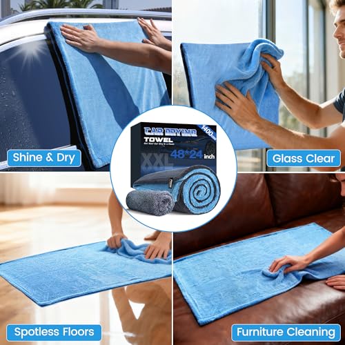 PUGPIU Microfiber Car Drying Towel Extra Large Super Absorbent 48"X24", 1400 GSM Flash Detail Car Wash Drying Towel Edgeless with Two Sided Soft Twisted-Loop, No Water Spots Streaks for Cars (Blue) - Image 5