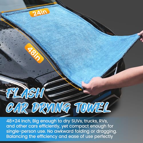 PUGPIU Microfiber Car Drying Towel Extra Large Super Absorbent 48"X24", 1400 GSM Flash Detail Car Wash Drying Towel Edgeless with Two Sided Soft Twisted-Loop, No Water Spots Streaks for Cars (Blue) - Image 2
