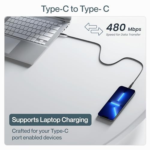 Ambrane Unbreakable 60W Fast Charging 1.5M Braided Type C to Type C Cable for Smartphones, Tablets, Laptops & Other Type C Devices, PD Technology, 480Mbps Data Sync (RCTT15, Black) - Image 5