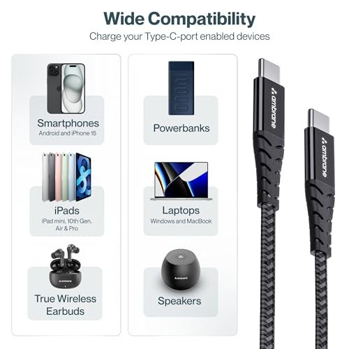 Ambrane Unbreakable 60W Fast Charging 1.5M Braided Type C to Type C Cable for Smartphones, Tablets, Laptops & Other Type C Devices, PD Technology, 480Mbps Data Sync (RCTT15, Black) - Image 4