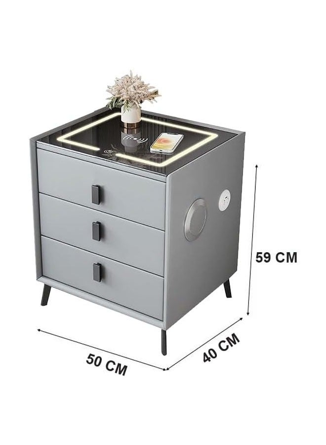 كيكي طاولة بجانب السرير متعددة الوظائف بثلاثة أدراج مع إضاءة LED وشحن لاسلكي وقفل ببصمة الإصبع ومكبر صوت ومآخذ USB - Image 2