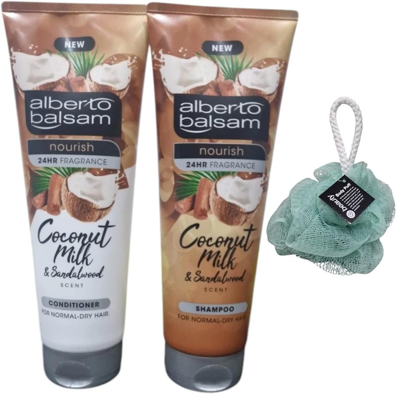 ALBERTO DUO SET Nourishing Shampoo And Coconut Milk Sandalwood 250ML Duo Set Pack With Free Beauty Body Puff Any Colour