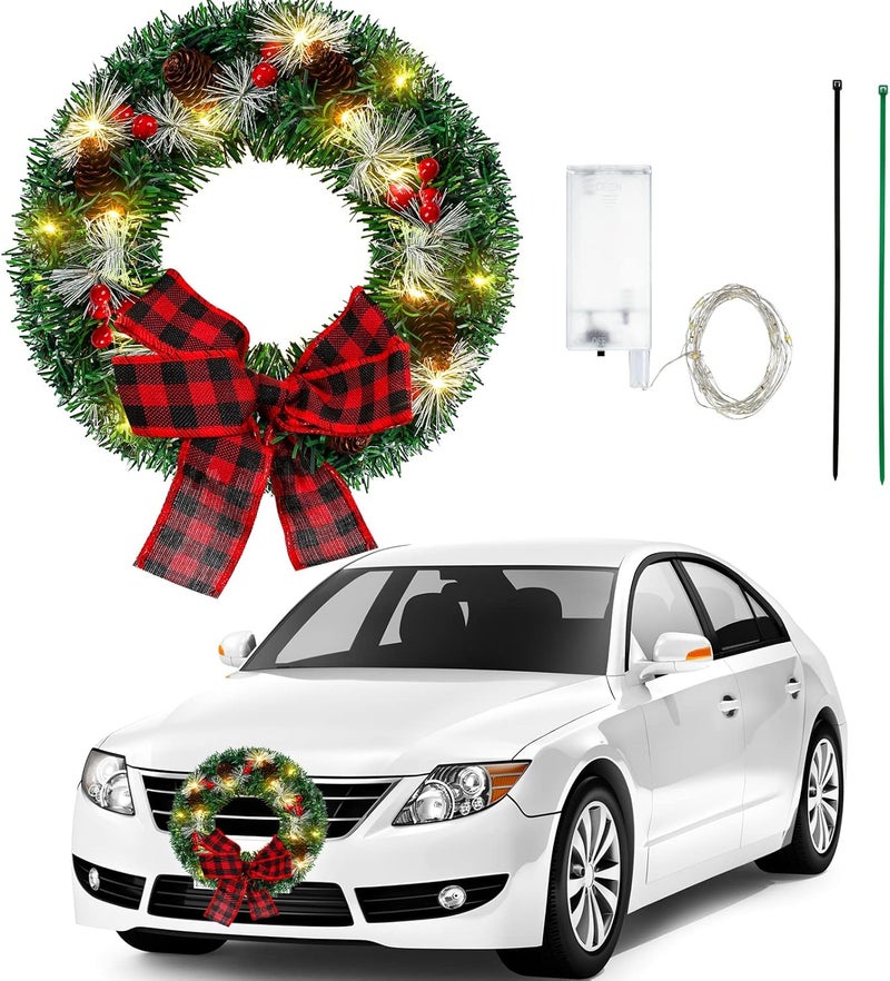 Canlierr Christmas Car Wreath with Lighted Christmas Wreath LED Decoration Artificial Xmas Truck Wreath with Red and Black Buffalo Bow Light Powered Christmas Decor for Vehicle SUV Outdoor  - Image 1