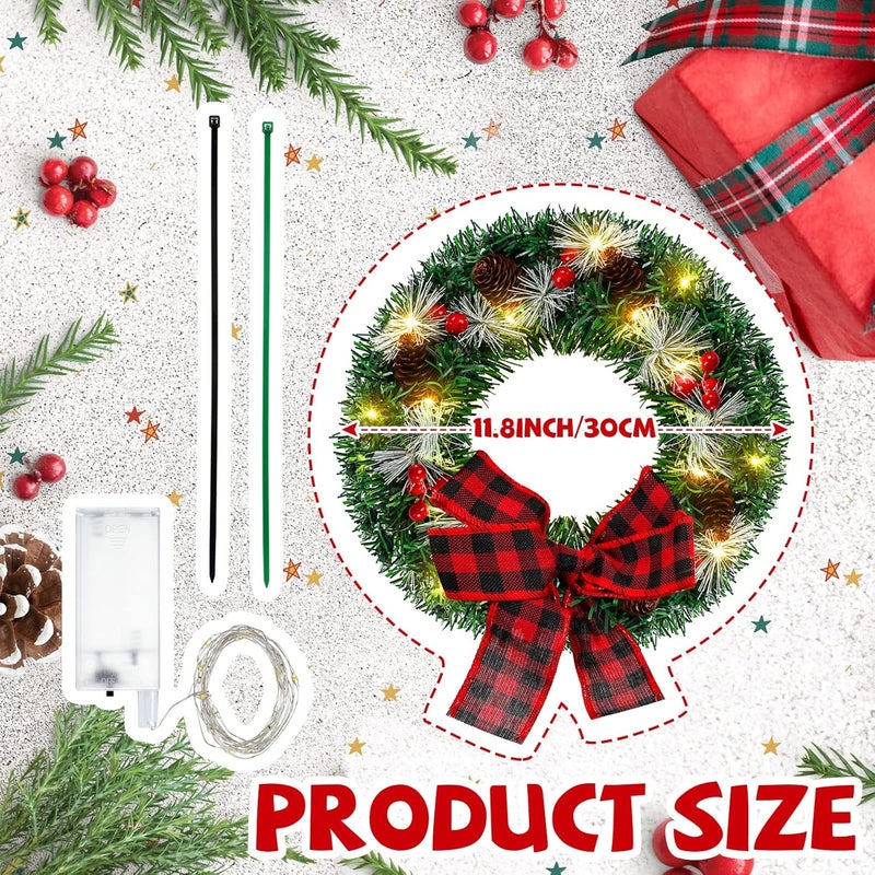 Canlierr Christmas Car Wreath with Lighted Christmas Wreath LED Decoration Artificial Xmas Truck Wreath with Red and Black Buffalo Bow Light Powered Christmas Decor for Vehicle SUV Outdoor  - Image 2