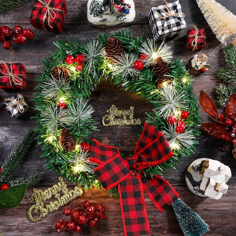 Canlierr Christmas Car Wreath with Lighted Christmas Wreath LED Decoration Artificial Xmas Truck Wreath with Red and Black Buffalo Bow Light Powered Christmas Decor for Vehicle SUV Outdoor  - Image 4
