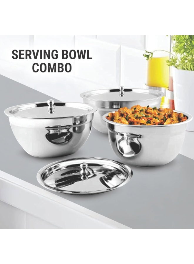 Prabha Stainless Steel Serving Bowl with Stainless Steel Lid, Royal Design, 3 Pieces, Silver. Extra Heavy, Long Lasting with 2 Year Warranty. - Image 2