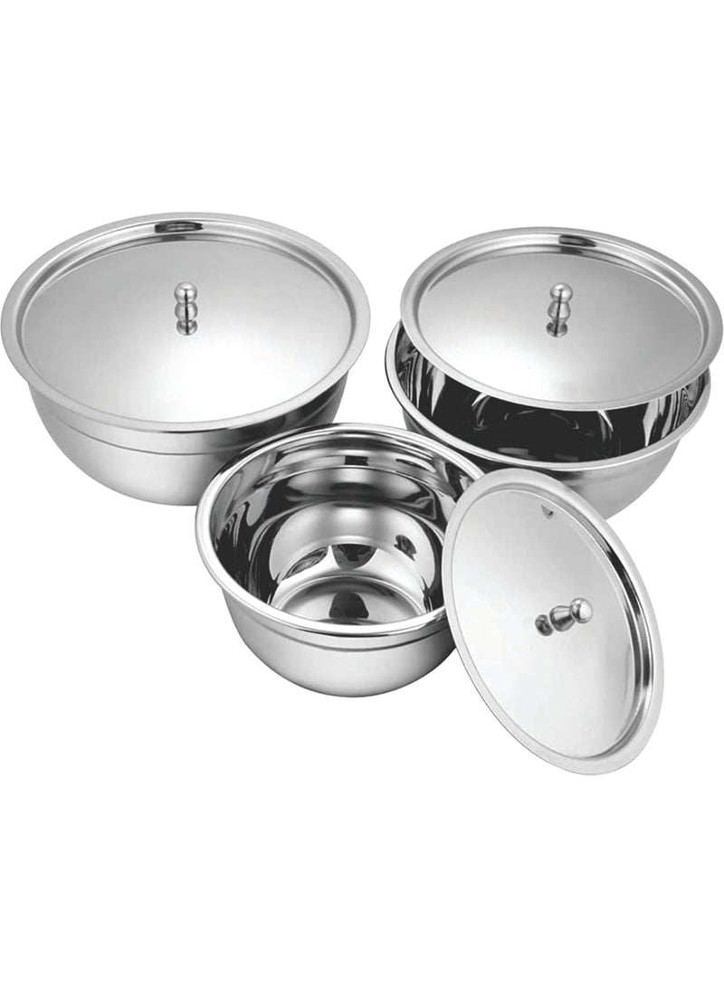 Prabha Stainless Steel Serving Bowl with Stainless Steel Lid, Royal Design, 3 Pieces, Silver. Extra Heavy, Long Lasting with 2 Year Warranty. - Image 1
