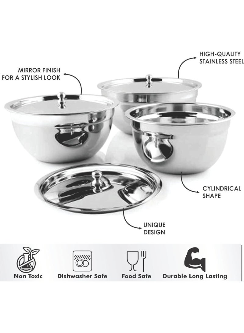 Prabha Stainless Steel Serving Bowl with Stainless Steel Lid, Royal Design, 3 Pieces, Silver. Extra Heavy, Long Lasting with 2 Year Warranty. - Image 3