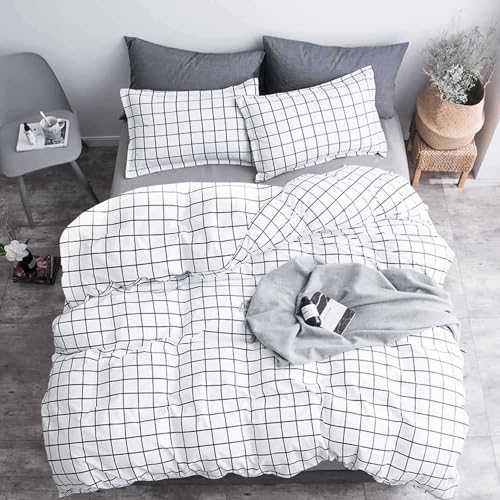 Nanko King Duvet Cover Set 3 pcs, 104x90 inch Geometric Cool Lightweight Microfiber Soft Luxury Quilt Cover with Zip Tie and 2 Pillowcase - Modern Bedding for Women Men, White Grid - Image 3