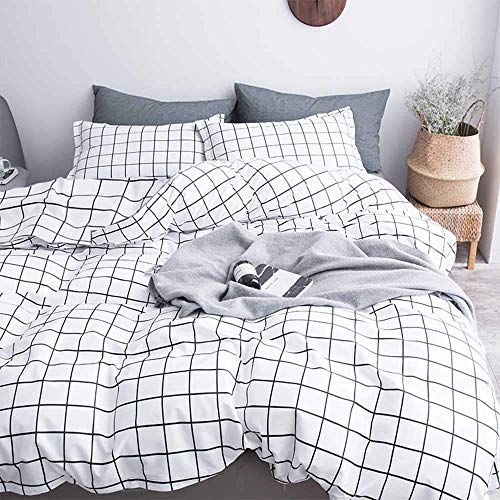 Nanko King Duvet Cover Set 3 pcs, 104x90 inch Geometric Cool Lightweight Microfiber Soft Luxury Quilt Cover with Zip Tie and 2 Pillowcase - Modern Bedding for Women Men, White Grid - Image 1