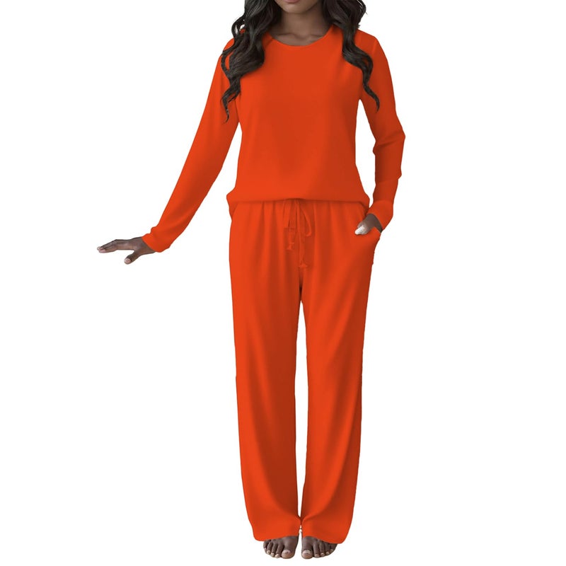 HBQ Women's 2 Piece Matching Sets Long Sleeve Top Wide Leg Pants Lounge Outfits Sweatsuits With Pockets-Orange-L - Image 3