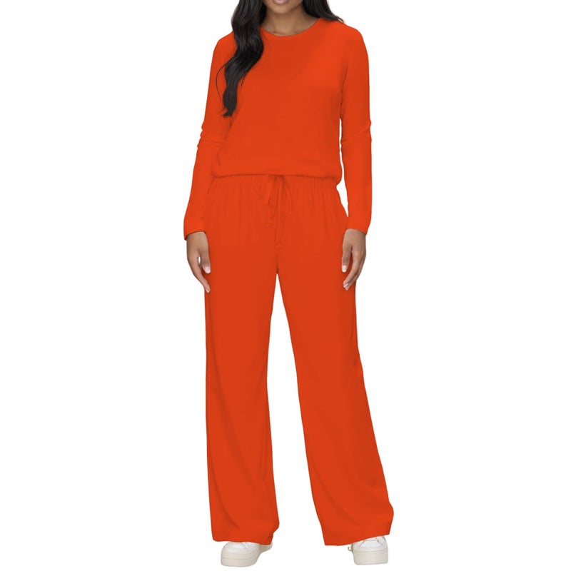HBQ Women's 2 Piece Matching Sets Long Sleeve Top Wide Leg Pants Lounge Outfits Sweatsuits With Pockets-Orange-L - Image 1