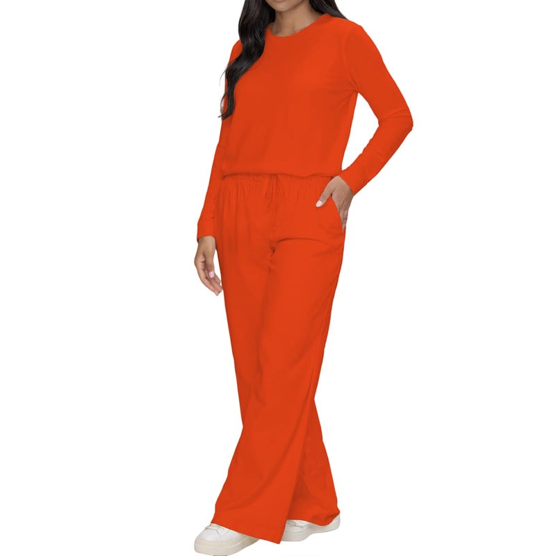 HBQ Women's 2 Piece Matching Sets Long Sleeve Top Wide Leg Pants Lounge Outfits Sweatsuits With Pockets-Orange-L - Image 2