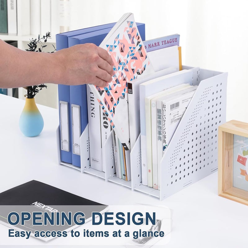 FRETONBA Collapsible Magazine File Holder with 4 Vertical Compartments Foldable Binder Holder for Desk Binder Storage Organizer Plastic Magazine Holders for Shelf, Light Gray - Image 2