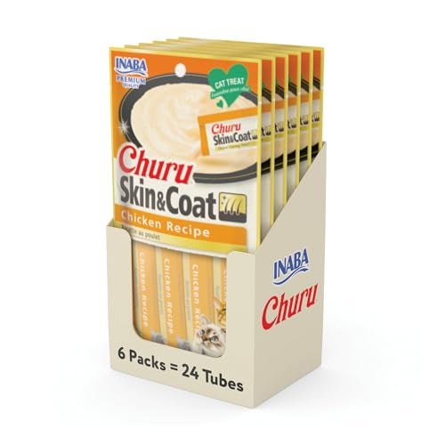INABA Churu Lickable Purée Natural Cat Treats for Skin and Coat with Omega Oils, Taurine and Vitamin E, 0.5 Ounces Each, 24 Tubes (Four Per Package), Chicken Recipe - Image 1