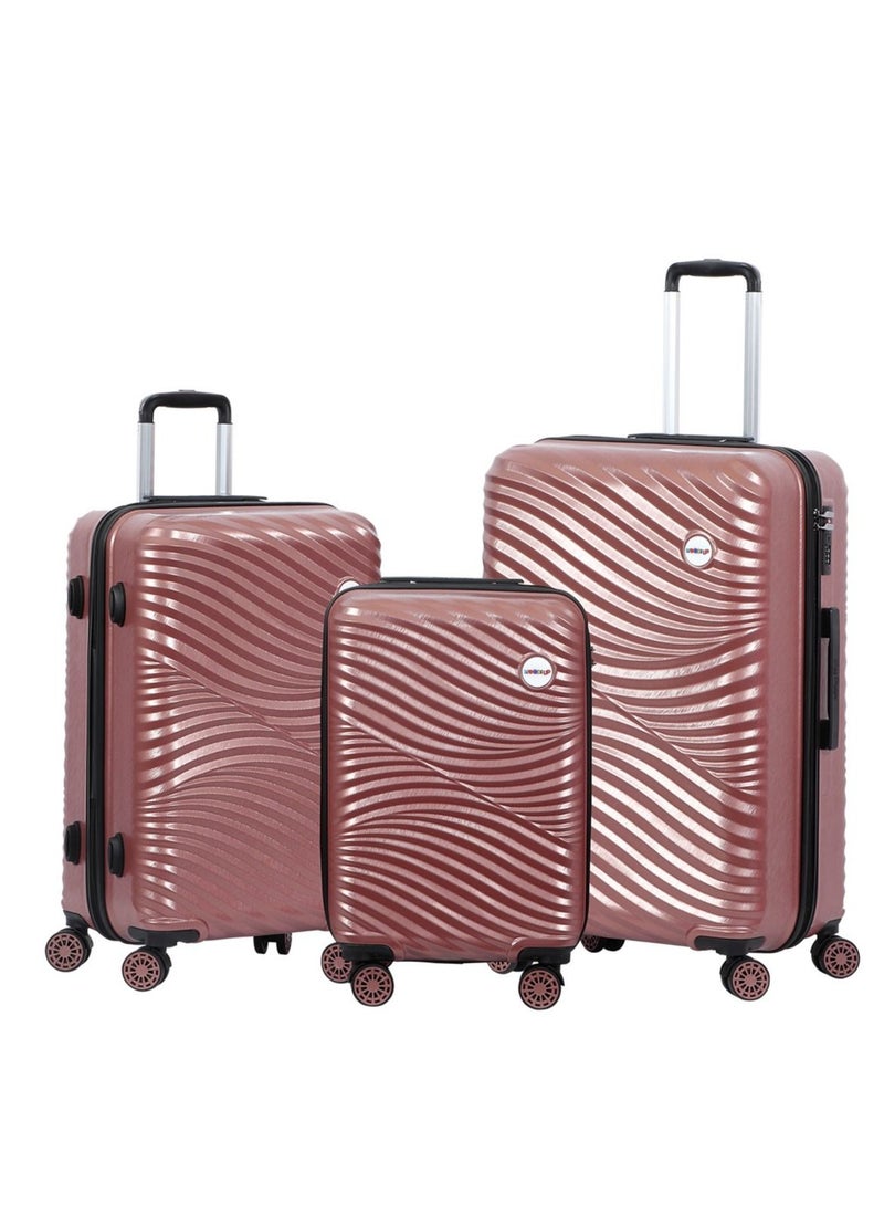 بيج ديزاين مجموعة حقائب السفر الصلبة من Biggdesign Moods Up، مصنوعة من مادة ABS بنسبة 100% مع عجلات دوارة 360 درجة، حقيبة سفر، نظام قفل TSA، خفيفة الوزن، 3 قطع، سعة حمل 20 - 30 - 45 كجم، لون ذهبي وردي - Image 1