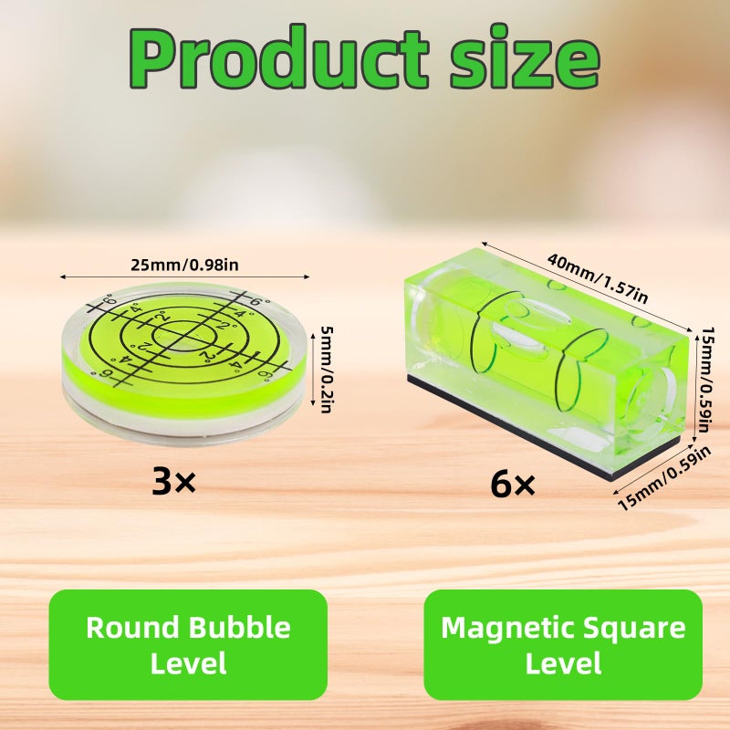 Penitue 9pcs Small Square Round Bubble Spirit Level, Square & Circular Mini Magnetic Pocket Bubble Levels Measuring Tool for Precise Leveling of Turntables Cameras Tripods Drills Frames & Phonographs - Image 2