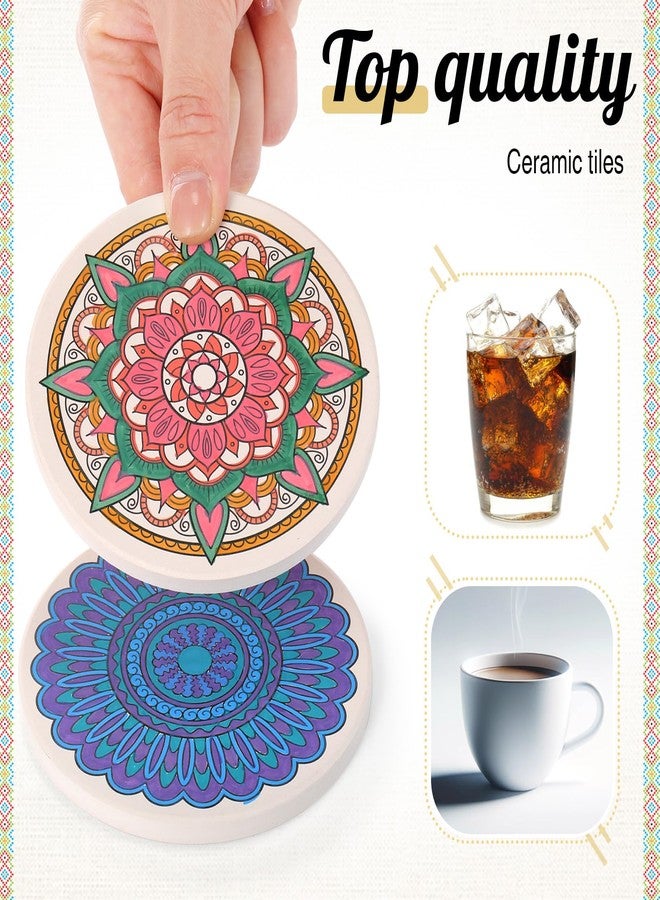 Potchen 10 Pcs Ceramic Coasters for Drinks Color Your Own Coaster Set DIY Absorbent Cup Mat with 12 Markers and Cork Base Gift Arts and Crafts for Coffee Table Apartment Bar Home Decoration (Mandala) - Image 5